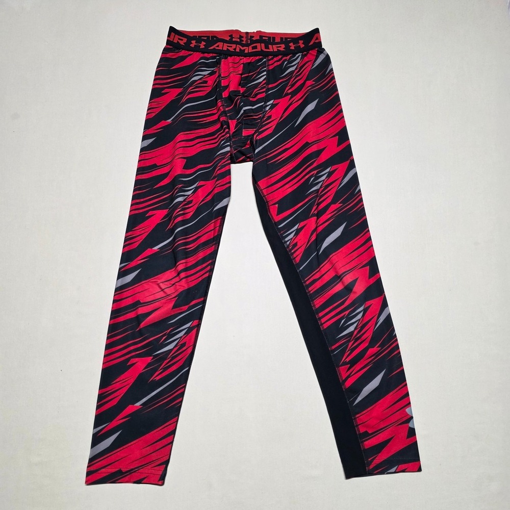 Under Armour HeatGear Boys Youth Large Fitted Sports Leggings Red Black UPF30+